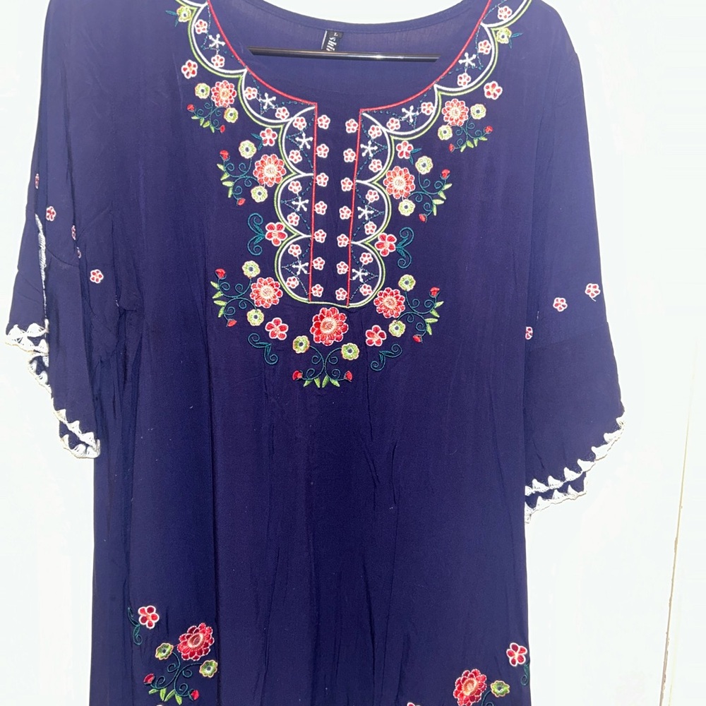 Peasant blouse cotton embroidered 3/4” sleeves, Bohemian fiesta top